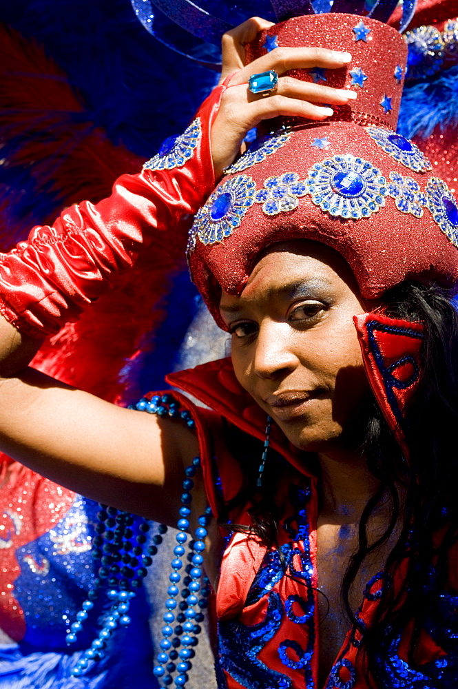 Pretty woman in colourful Carnival costume, Mindelo, Sao Vicente, Cape Verde, Africa