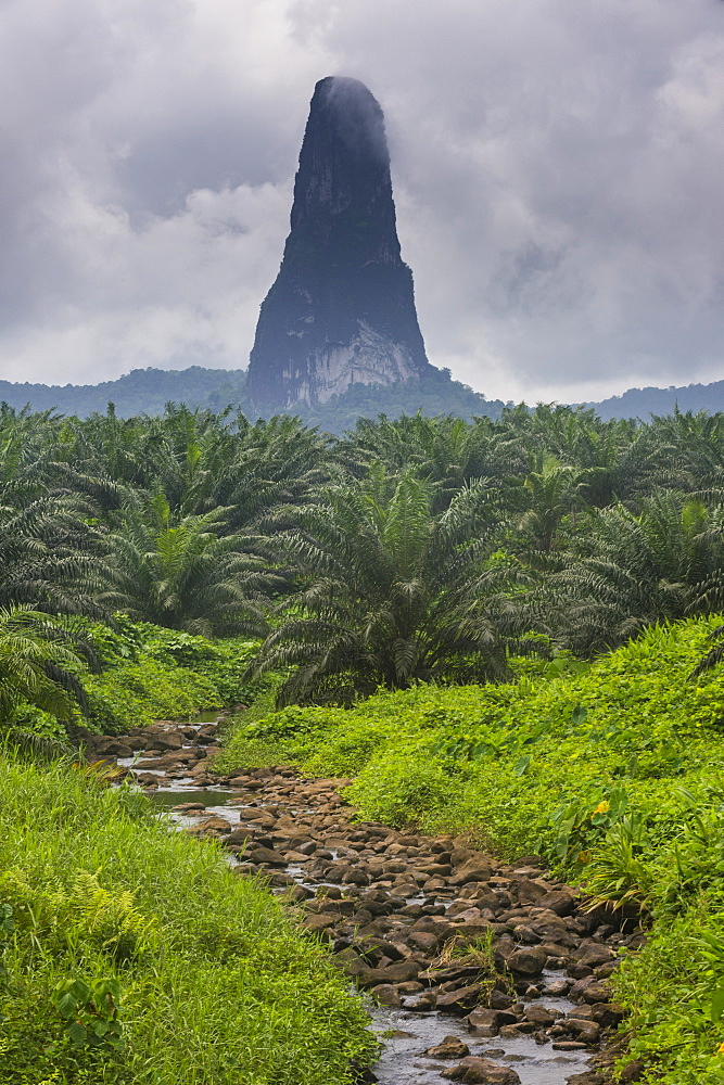 Little creek leading to the unusal monolith, Pico Cao Grande, east coast of Sao Tome, Sao Tome and Principe, Atlantic Ocean, Africa