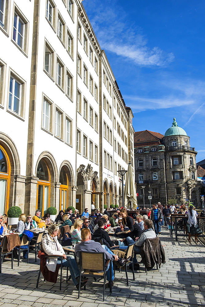 Open air cafe in the center of Bayreuth, Upper Franconia, Bavaria, Germany, Europe