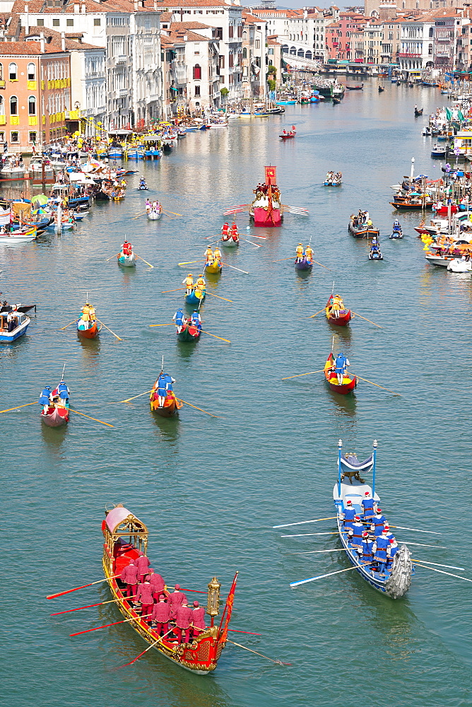 The boats of the historical procession for the historical Regatta on the Grand Canal of Venice, UNESCO World Heritage Site, Veneto, Italy, Europe