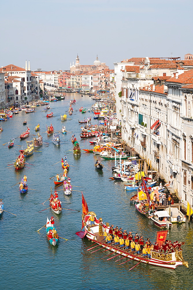 The boats of the historical procession for the historical Regatta on the Grand Canal of Venice, UNESCO World Heritage Site, Veneto, Italy, Europe