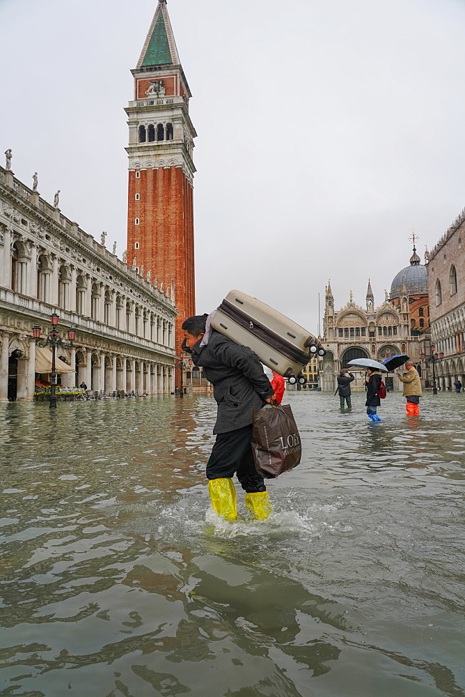 St. Mark's Square during the high tide in Venice, November 2019, Venice, UNESCO World Heritage Site, Veneto, Italy, Europe