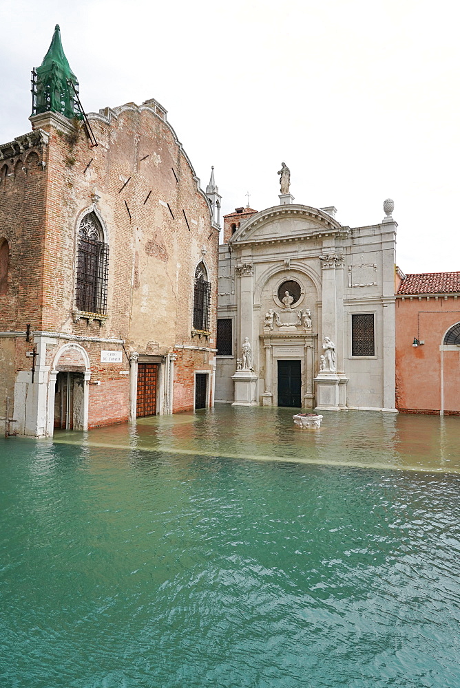 High tide in Venice in November 2019, Church of the Abbey of Misericordia, Venice, UNESCO World Heritage Site, Veneto, Italy, Europe