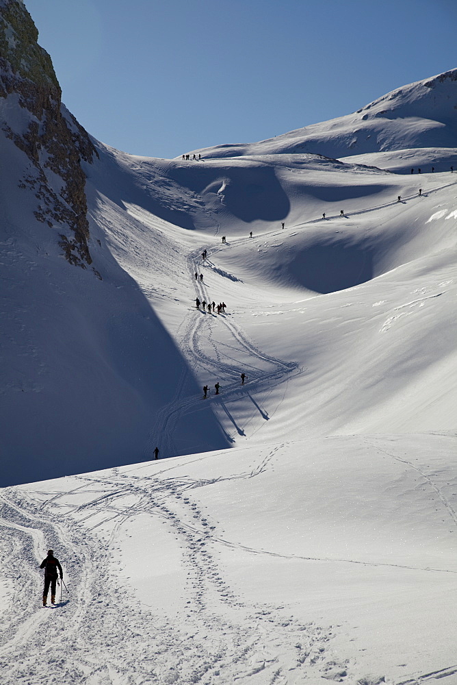 Ski mountaineering, Pale di San Martino, Cima Fradusta ascent, Dolomites, Trentino-Alto Adige, Italy, Europe