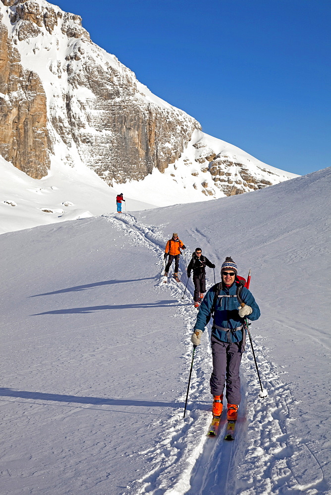 Ski touring, ski mountaineering in the Dolomites, Piz Boe, eastern Alps, Bolzano, South Tyrol, Italy, Europe