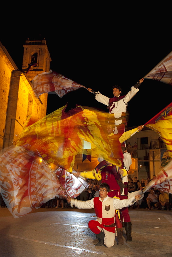 Flag throwing during village festival, Vacri, Abruzzo, Italy, Europe