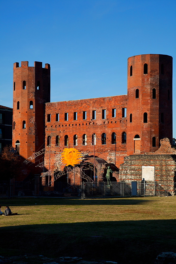 The Palatine Gate (Porta Palatina), the ancient  access from the North to Julia Augusta Taurinorum, the roman Civitas now known as Turin. Turin, Piedmont, Italy, Europe