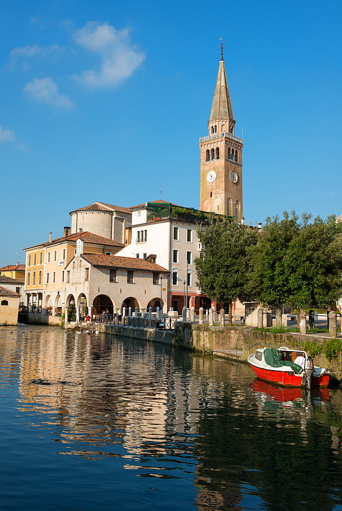 The river port and the oratory of the Madonna della Pescheria, Portogruaro, Veneto, Italy, Europe