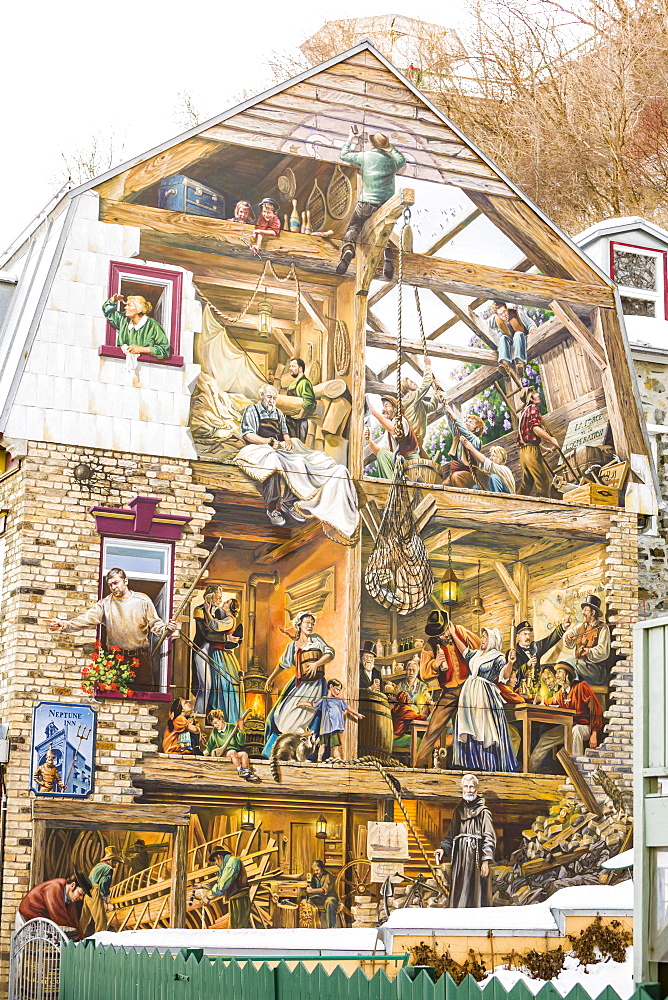 Fresque du Petit-Champlain, mural depicting milestones in the history of Cap-Blanc, Old Quebec, Quebec City, Quebec, Canada, North America