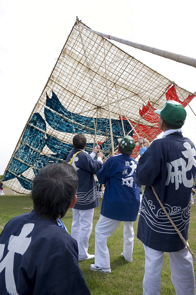 Sagami Kite Festival which boasts the largest kite in Japan at over 14  meters square and 1000 kg in weight, Sagamihara, Kanagawa, Japan, Asia