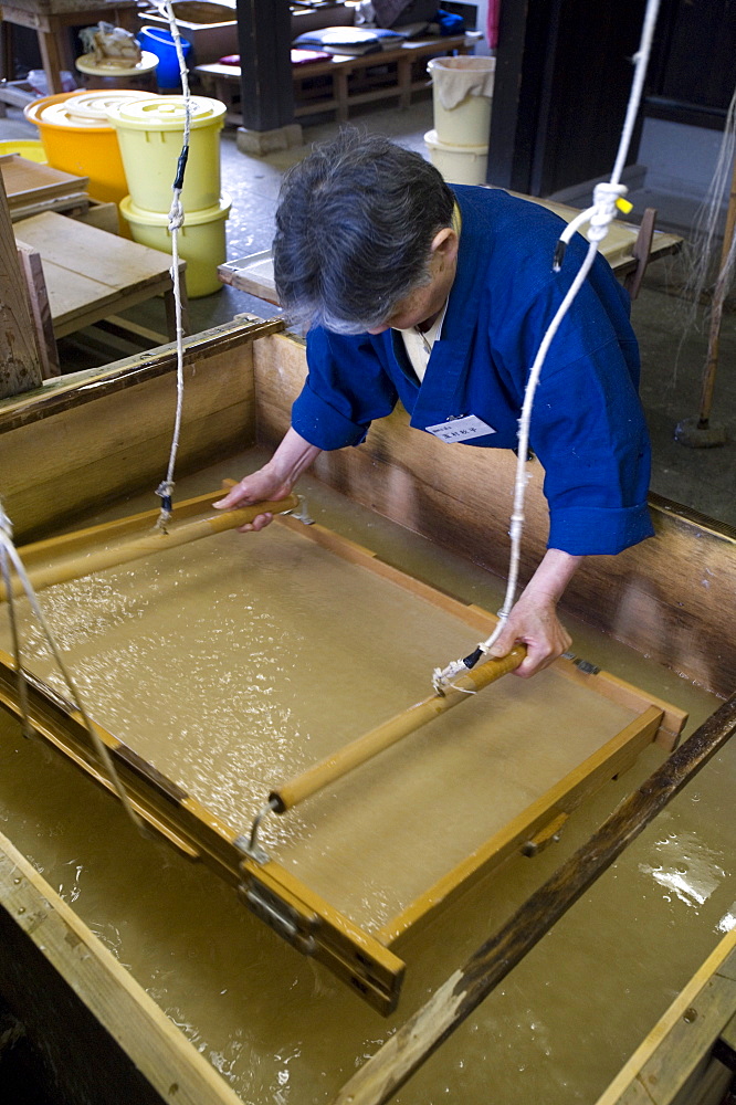 Making traditional Japanese washi paper at Echizen Washi No Sato village in Fukui, Japan, Asia