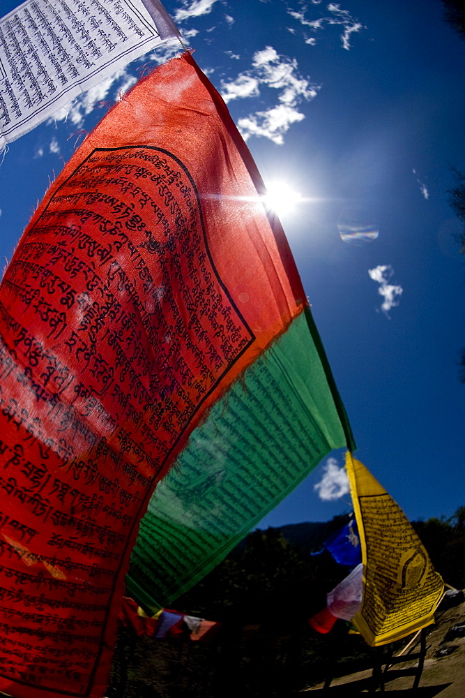 Prayer flags near Thimpu, Bhutan, Asia