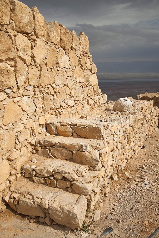 Stairway at ancient ruin of Masada, UNESCO World Heritage Site, Judean Desert overlooking the Dead Sea, Israel, Middle East