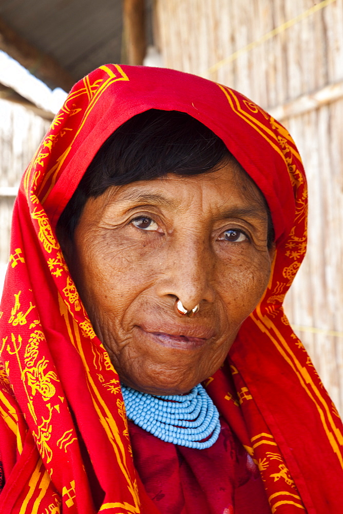 Kuna woman with gold nose ring, San Blas Islands, Panama, Central America