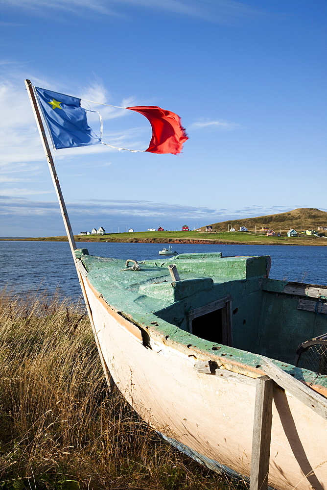 Boat on island in Gulf of St. Lawrence, Iles de la Madeleine (Magdalen Islands), Quebec, Canada, North America