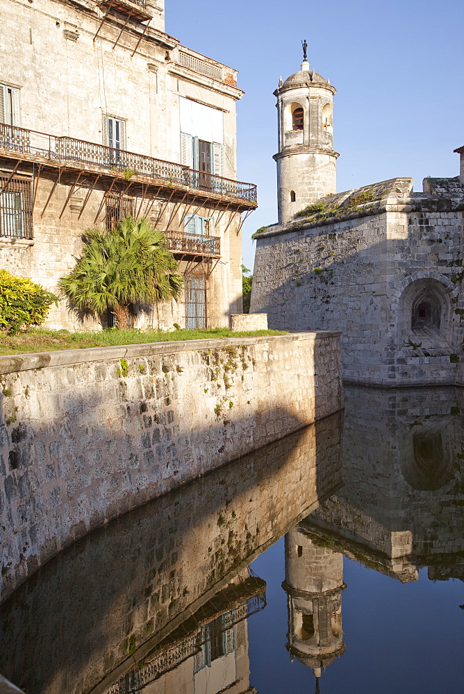 Reflection in moat of the tower of the Fortress of Real Fuerza in Old Havana, UNESCO World Heritage Site, Havana, Cuba, West Indies, Central America