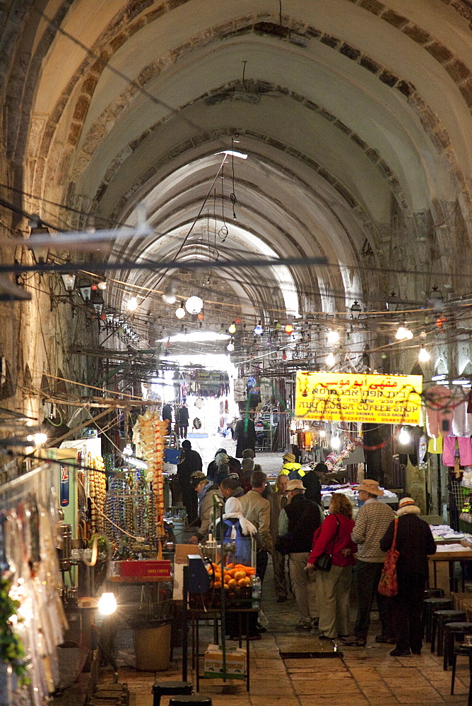 Marketplace in covered alleyway in the Arab sector, Old City, Jerusalem, Israel, Middle East