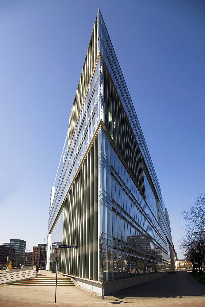 The angular glass fronted modern architecture designed by Hadi Teherani, of the Deichtor Center building, Hamburg, Germany, Europe