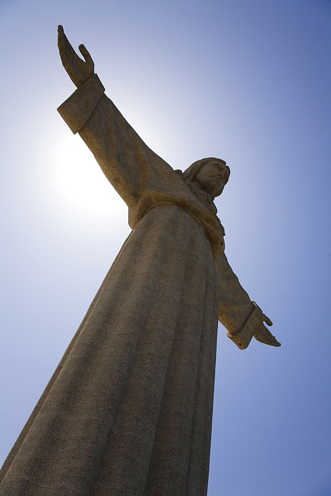 The Christus Rei statue, a depiction of Jesus Christ with outstretched arms, in Lisbon, Portugal, Europe