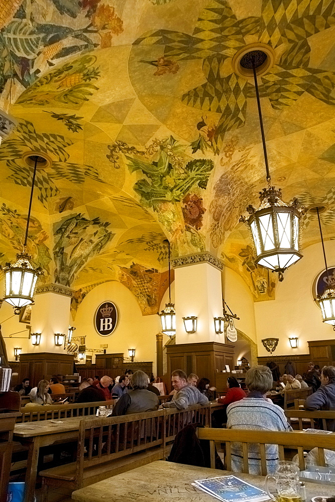 The ornate painted vaulted arch ceiling of the Hofbraeuhaus in Munich, Bavaria, Germany, Europe