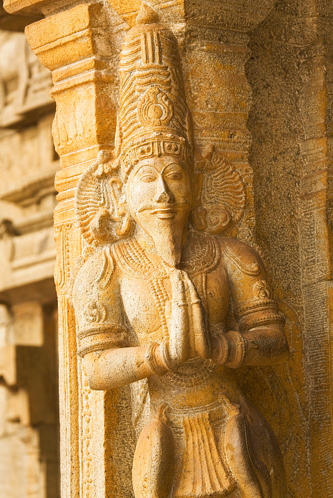 A Hindu sculpture gives the Namaste welcome at the Brihadeeswarar Temple (Big Temple) in Thanjavur (Tanjore), Tamil Nadu, India, Asia