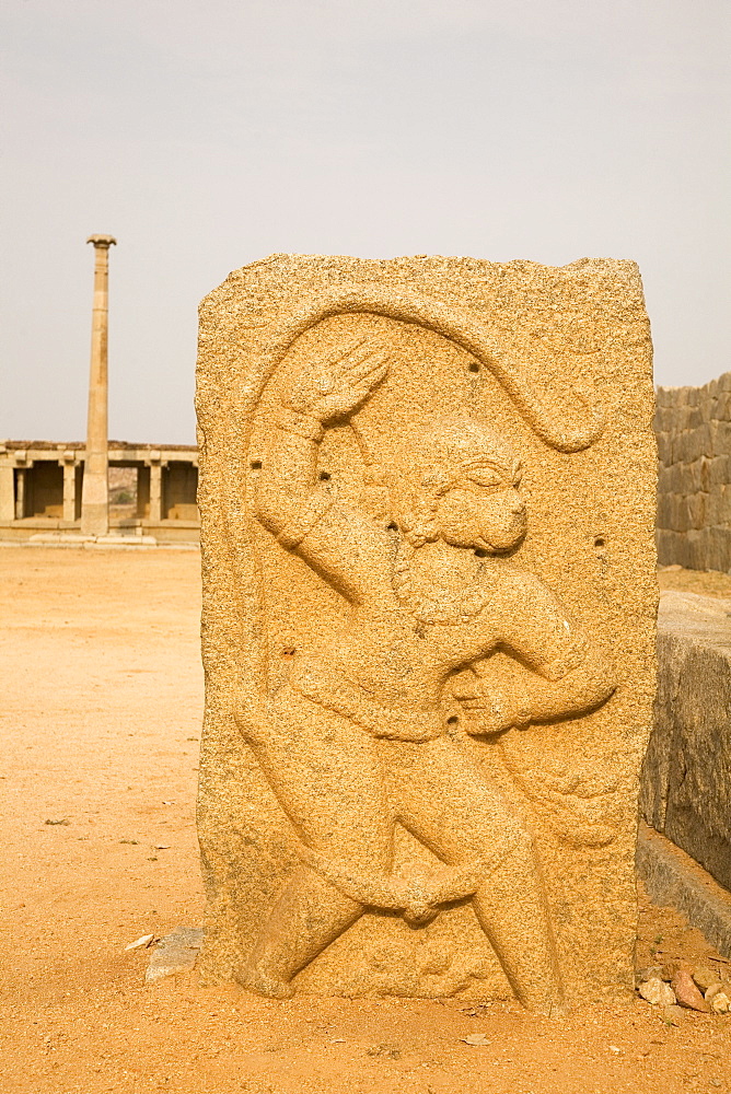 A bas relief tablet showing the Hindu monkey god Hanuman, Hampi, UNESCO World Heritage Site, Karnataka, India, Asia