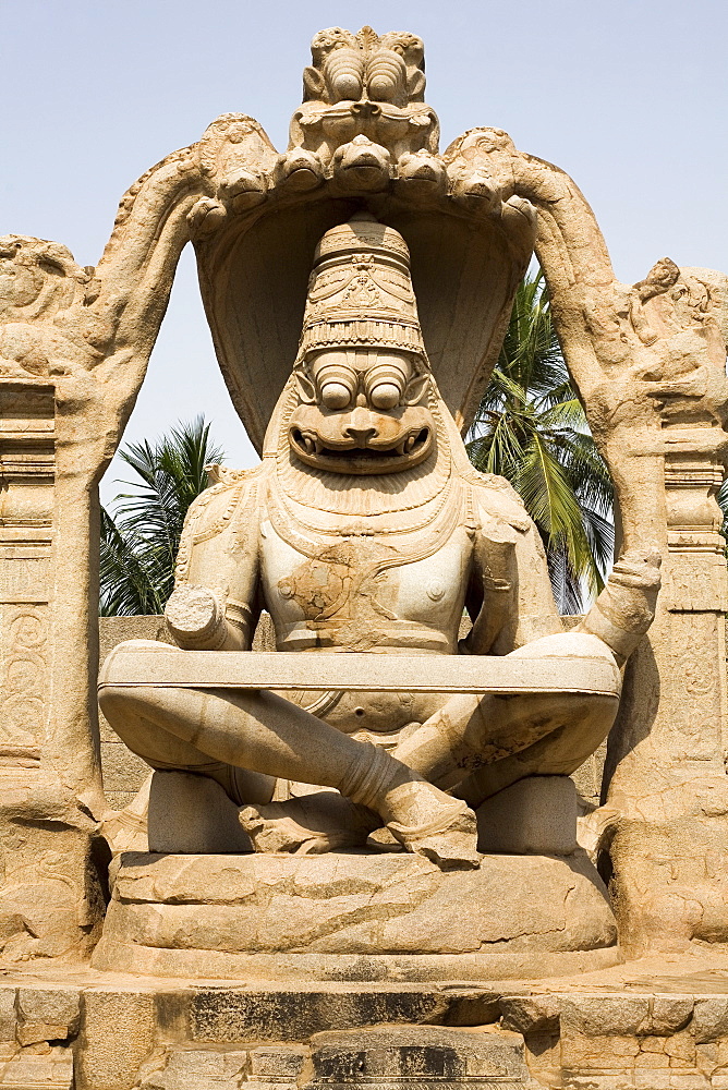 The Narasimha Monolith from 1528 AD shows Vishnu as half-lion, half-man at Hampi, UNESCO World Heritage Site, Karnataka, India, Asia