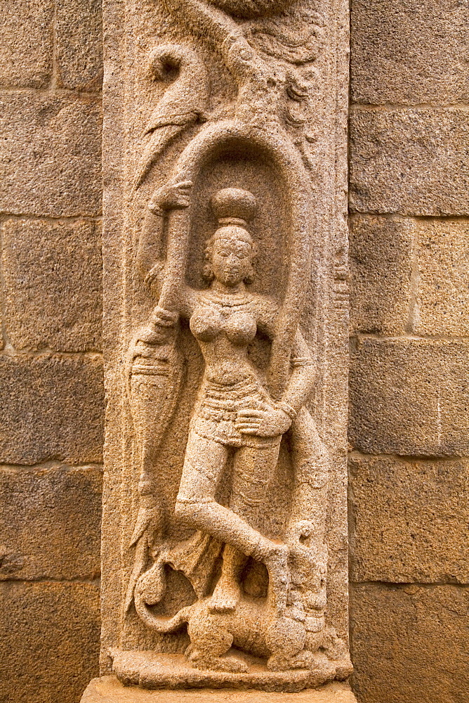 The stone figure of the goddess Ganga (Ganges) in the Five Rathas (Panch Rathas) complex at Mahabalipuram (Mamallapuram), Tamil Nadu, India, Asia