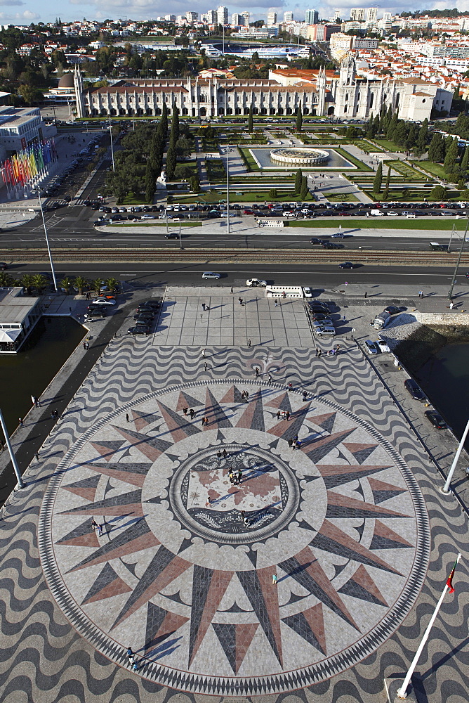 The 50m diameter Wind Rose charts Portuguese discoveries close to the Hieronymites Monastery, Belem, Lisbon, Portugal, Europe