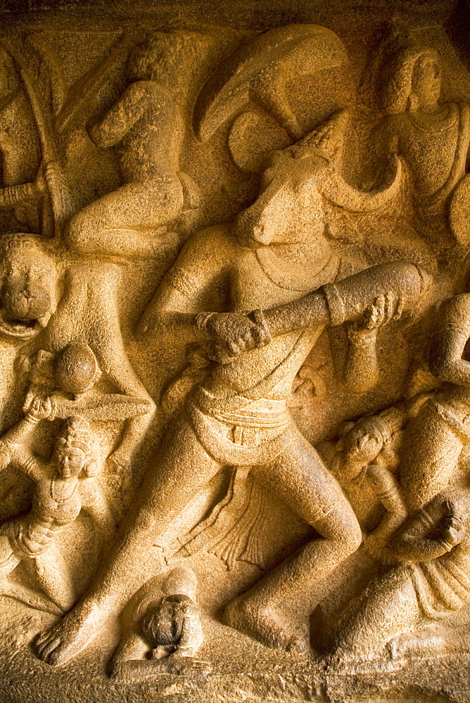 Detail from the Mahishasuramardini Cave, one of the rock-cut cave temples within the ancient site of Mahabalipuram (Mamallapuram), UNESCO World Heritage Site, Tamil Nadu, India, Asia