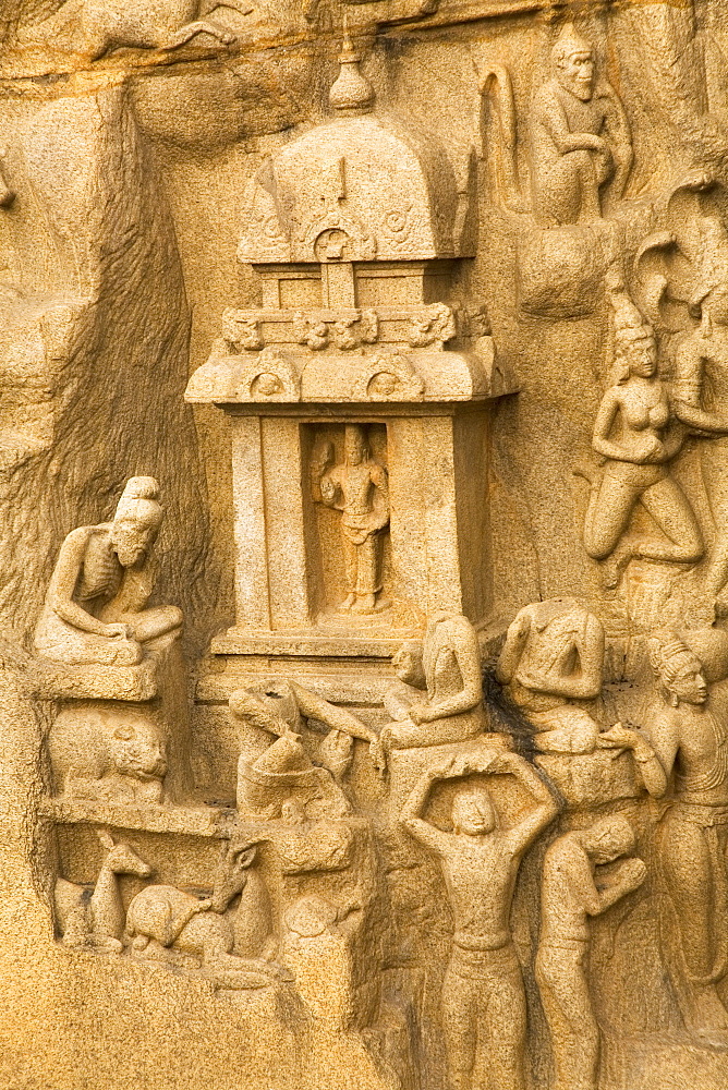 The famous bas relief panel of Arjuna's Penance (Bhagiratha's Penance) at Mahabalipuram (Mamallapuram), UNESCO World Heritage Site, Tamil Nadu, India, Asia