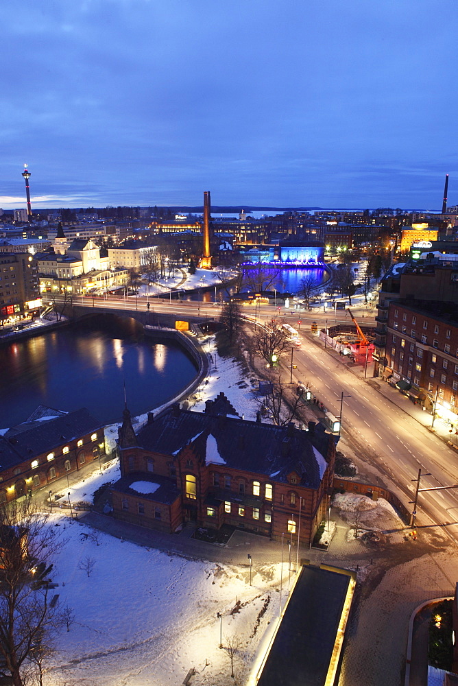 River Tammerkoski runs past the Finlayson Complex, the Nasinneula tower (top left), city centre of Tampere, Pirkanmaa, Finland, Scandinavia, Europe