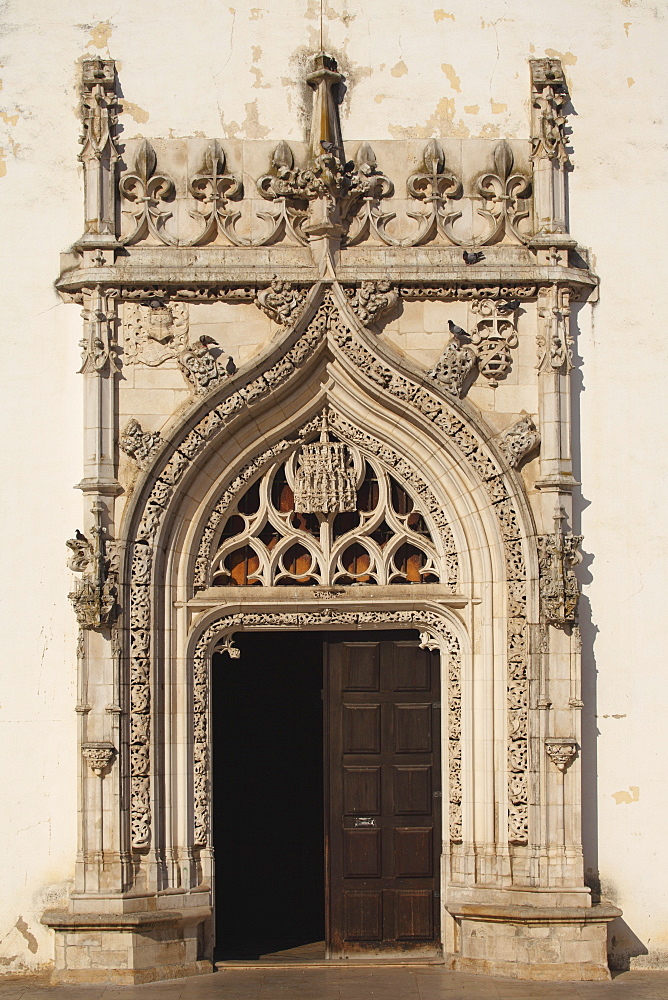 Manueline style sculpture on the the doorway of the Church of St. John the Baptist, Tomar, Ribatejo, Portugal, Europe