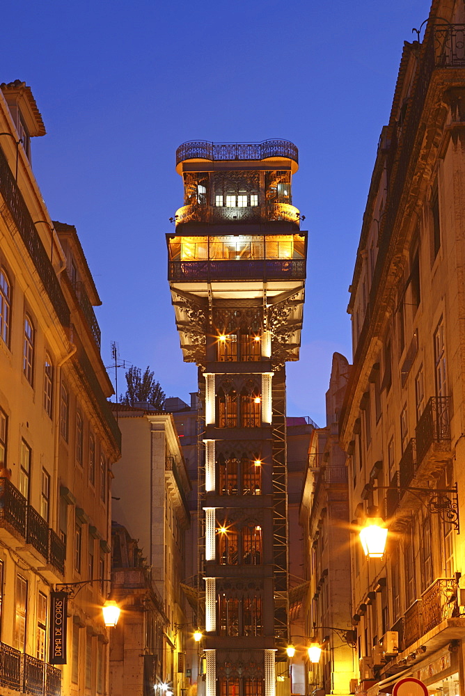 Santa Justa Elevator (Elevador de Santa Justa), also known as the Carmo Lift (Elevador do Carmo) at night, Baixa, Lisbon, Portugal, Europe