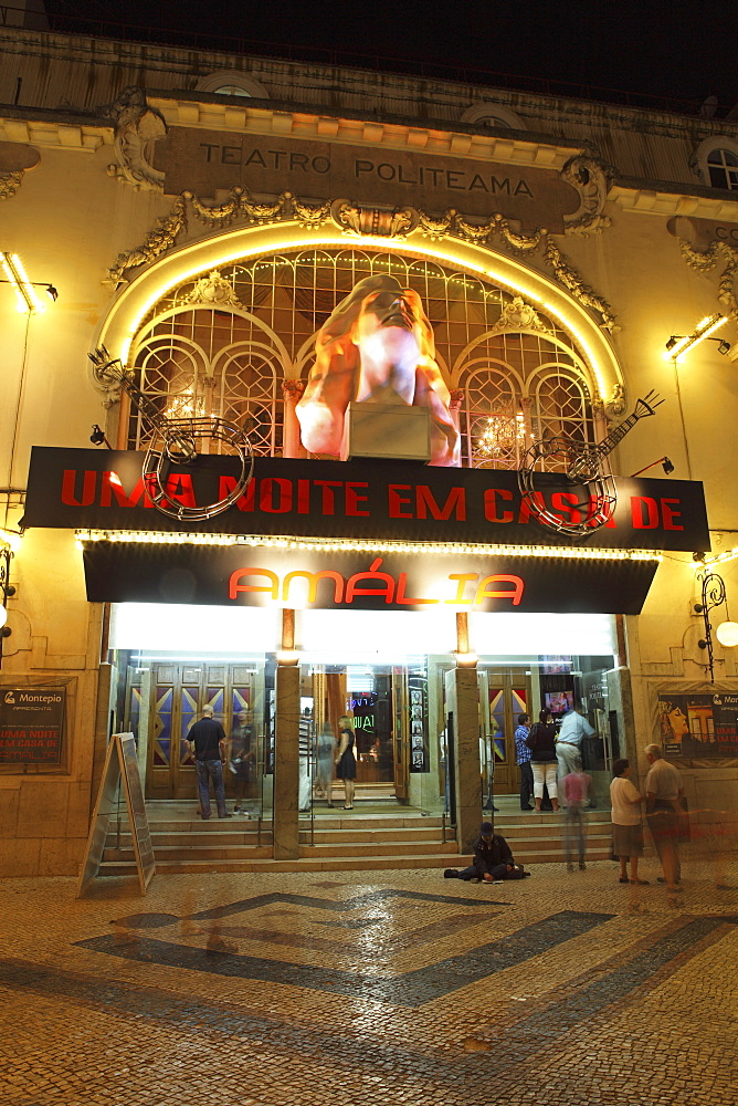 The Teatro Politeama at night, venue for a Fado show about Fado, in the Baixa district, Lisbon, Portugal, Europe