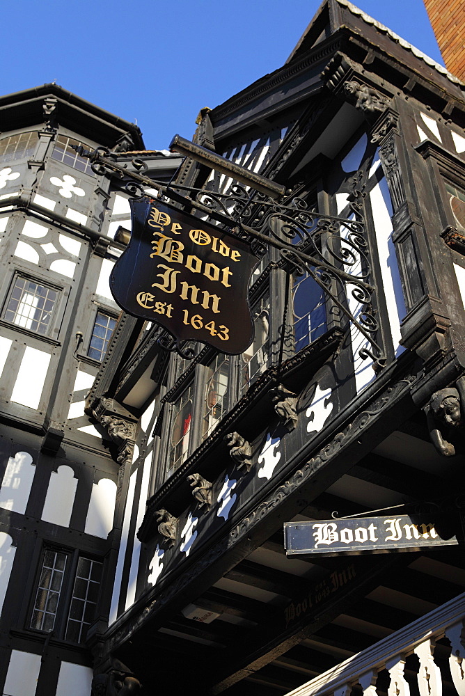 The half-timbered facade of Ye Olde Boot Inn, dating from 1643, a traditional British pub, in Chester, Cheshire, England, United Kingdom, Europe