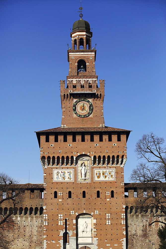 The Torre del Filarete clock tower at the 15th century Sforza Castle (Castello Sforzesco), Milan, Lombardy, Italy, Europe