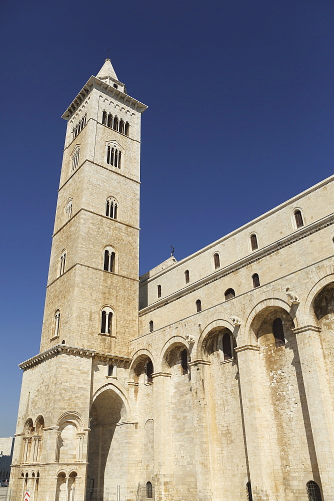 The 60m tall bell tower of the Cathedral of St. Nicholas the Pilgrim (San Nicola Pellegrino) in Trani, Apulia, Italy, Europe