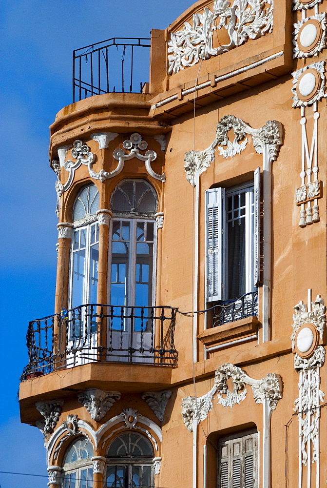 Windowed balconies, modernist (Art Deco) building on Plaza de Espana, Melilla, Spain, Spanish North Africa, Africa