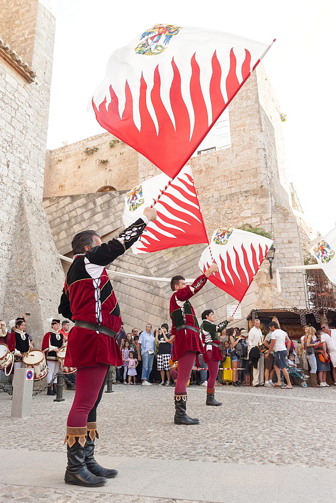 Flag bearers show, Ibiza cathedral, Medieval Party, Dalt Vila, Old Town, Ibiza, Balearic Islands, Spain, Mediterranean, Europe