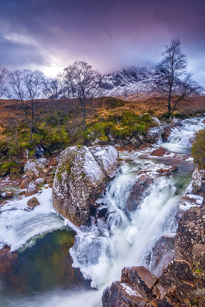 River Coupall, Coupall Falls and Buachaille Etive Mor, Glen Coe, Highlands, Scotland, United Kingdom, Europe