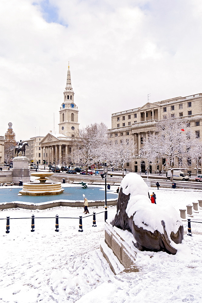 Trafalgar Square in winter snow, London, England, United Kingdom, Europe