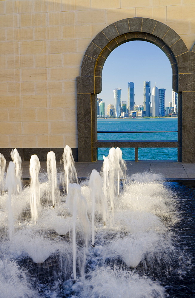 City skyline, Al Bidda Tower, Palm Tower West, Burj Qatar and Tornado Tower from Museum of Islamic Art, Doha, Qatar, Middle East