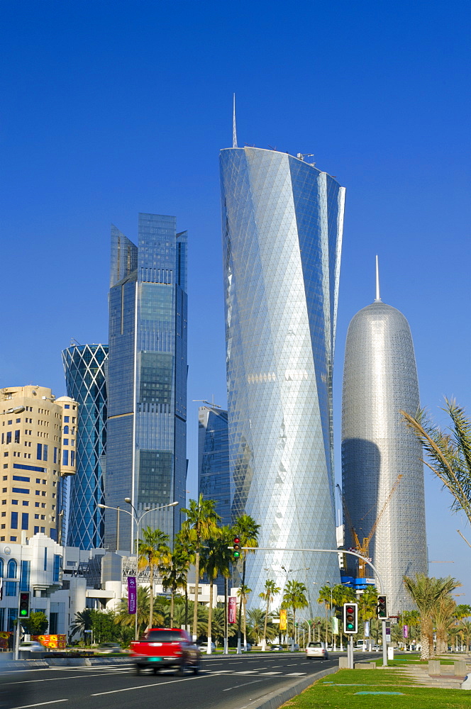 Skyscrapers on skyline, left to right Palm Tower, Al Bidda Tower and Burj Qatar, Doha, Qatar, Middle East