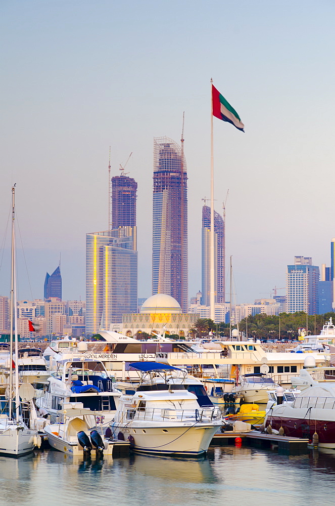 City skyline from Abu Dhabi International Marine Sports Club, Abu Dhabi, United Arab Emirates, Middle East