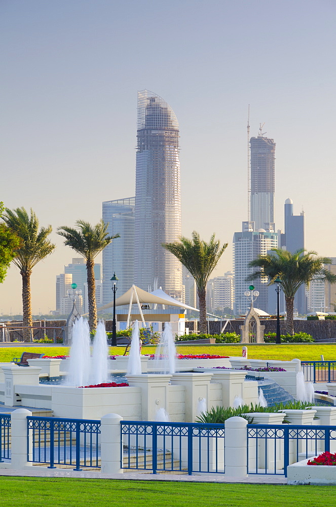 City skyline from the Corniche, Abu Dhabi, United Arab Emirates, Middle East