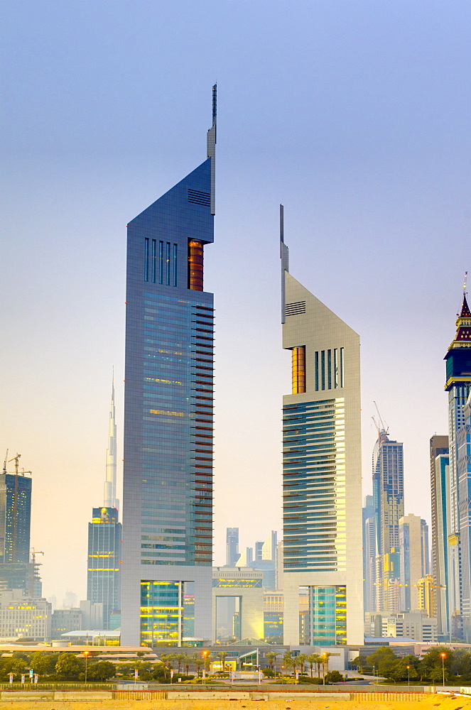 Sheikh Zayed Road and Emirates Towers, Dubai, United Arab Emirates, Middle East