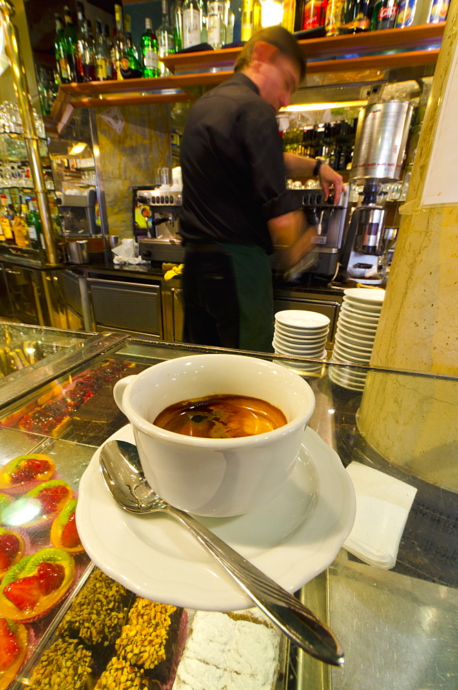 Caffe espresso on a counter of cakes, Venice, Veneto, Italy, Europe