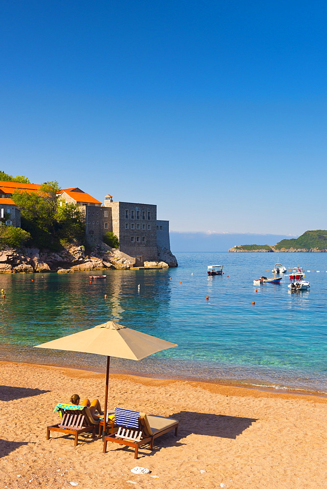 Hotel beach, Sveti Stefan, now Aman Sveti Stefan Hotel, Montenegro, Europe 