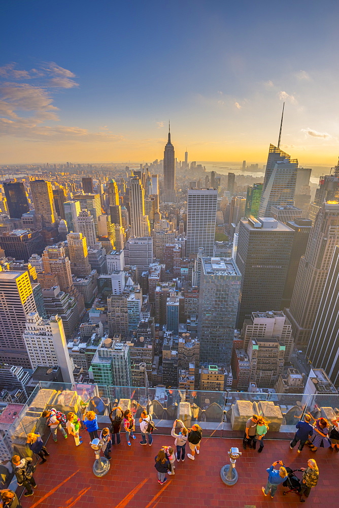 Empire State Building viewed from Rockefeller Building, Top of the Rock, Midtown, Manhatttan, New York, United States of America, North America